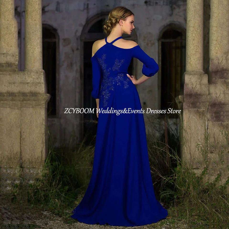 Elegante abito da sera con scollo all'americana blu royal con applicazioni sulla spalla Abito da ballo con cerniera su misura a trapezio al pavimento 2025