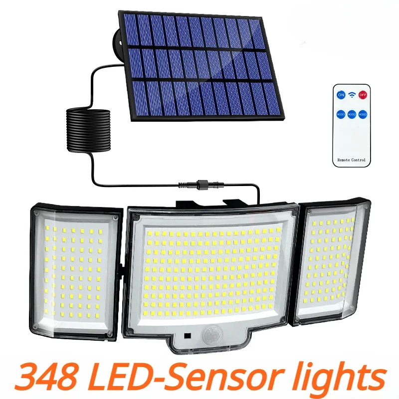 lampada solar com sensor de movimento pir decoracao exterior luz solar lampada de jardim e garagem 348led split modos de iluminacao 01