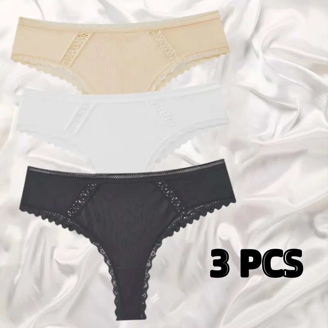 3 PCS Comfortable Cotton Bottom Crotch Not Stretch Girls' Panties Women's Sexy Ice Silk Lace Thong Underwear