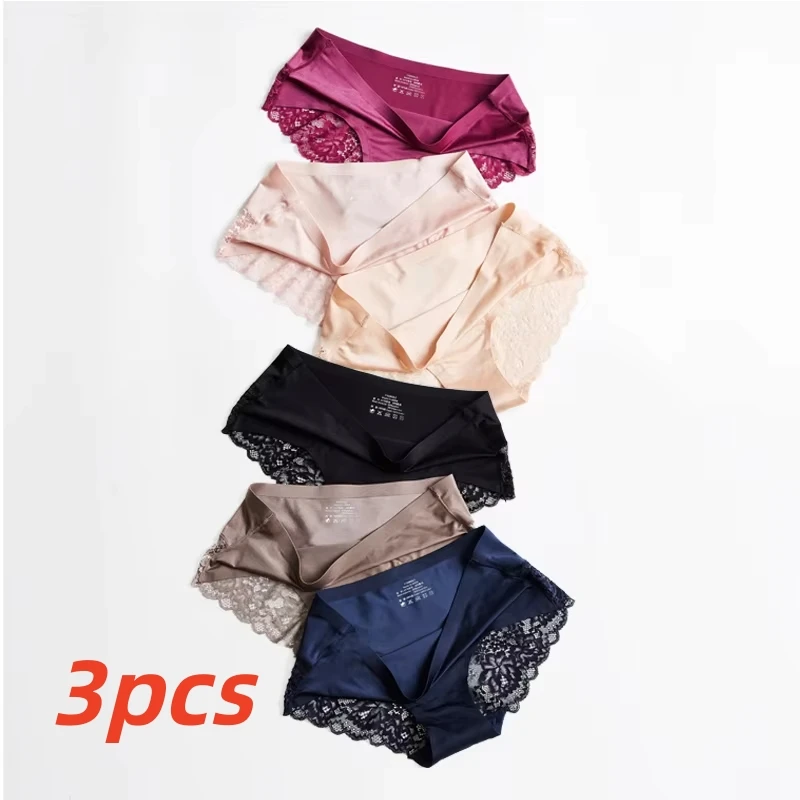 3pcs Lace Women's Panties French Seamless Underwear Female Ice Silk Briefs Solid Color Breathable Underpants Lingerie