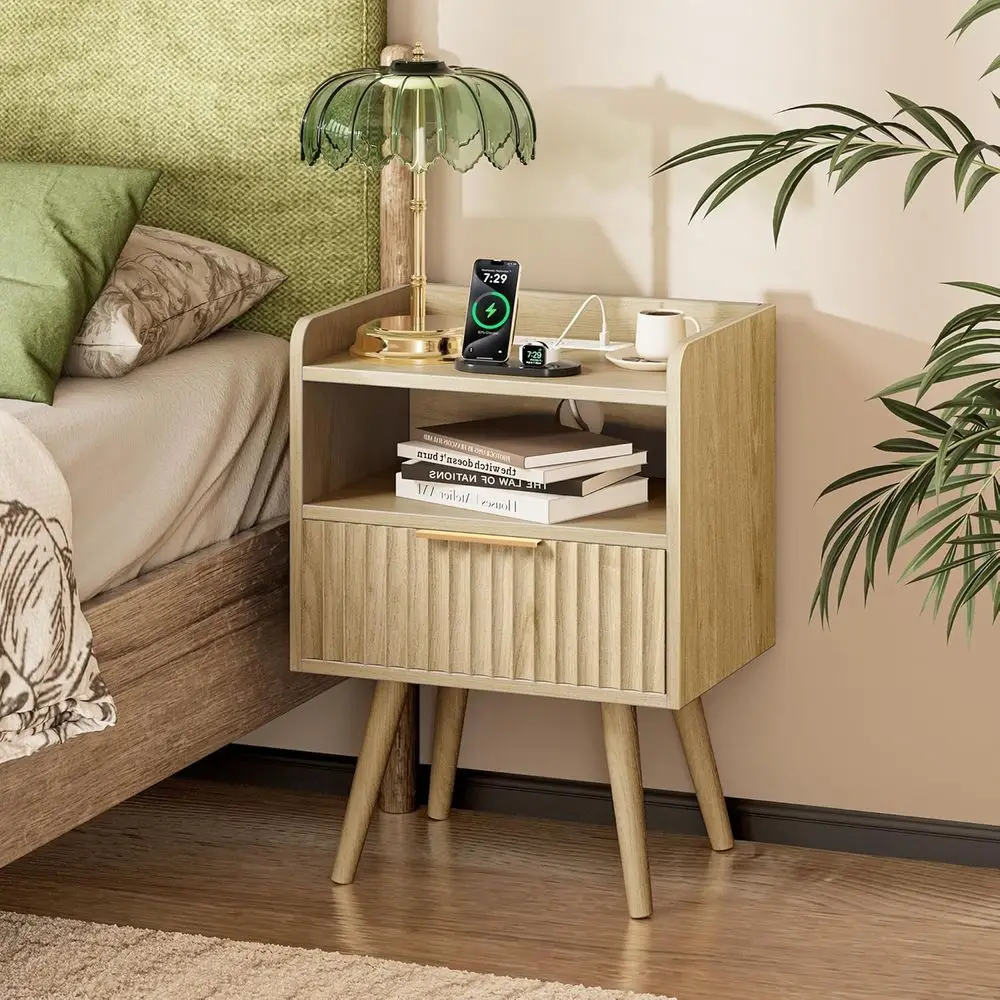 

Fluted Nightstand Set of 2 with Charging Station, Modern Night Stand with Drawer Open Shelf & Adjustable Legs, Wood Side Tabl