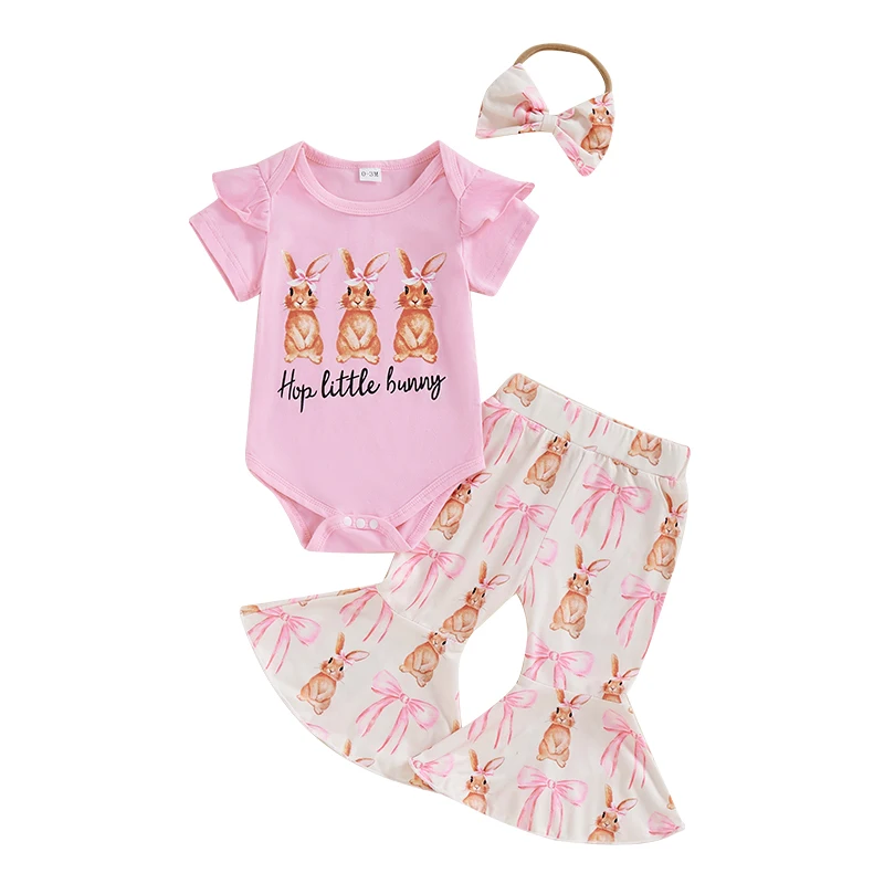 

Baby Girl Easter Outfits Letter Carrot Rabbit Print Short Sleeve Romper Flare Pants Headband 3Pcs Clothes Set