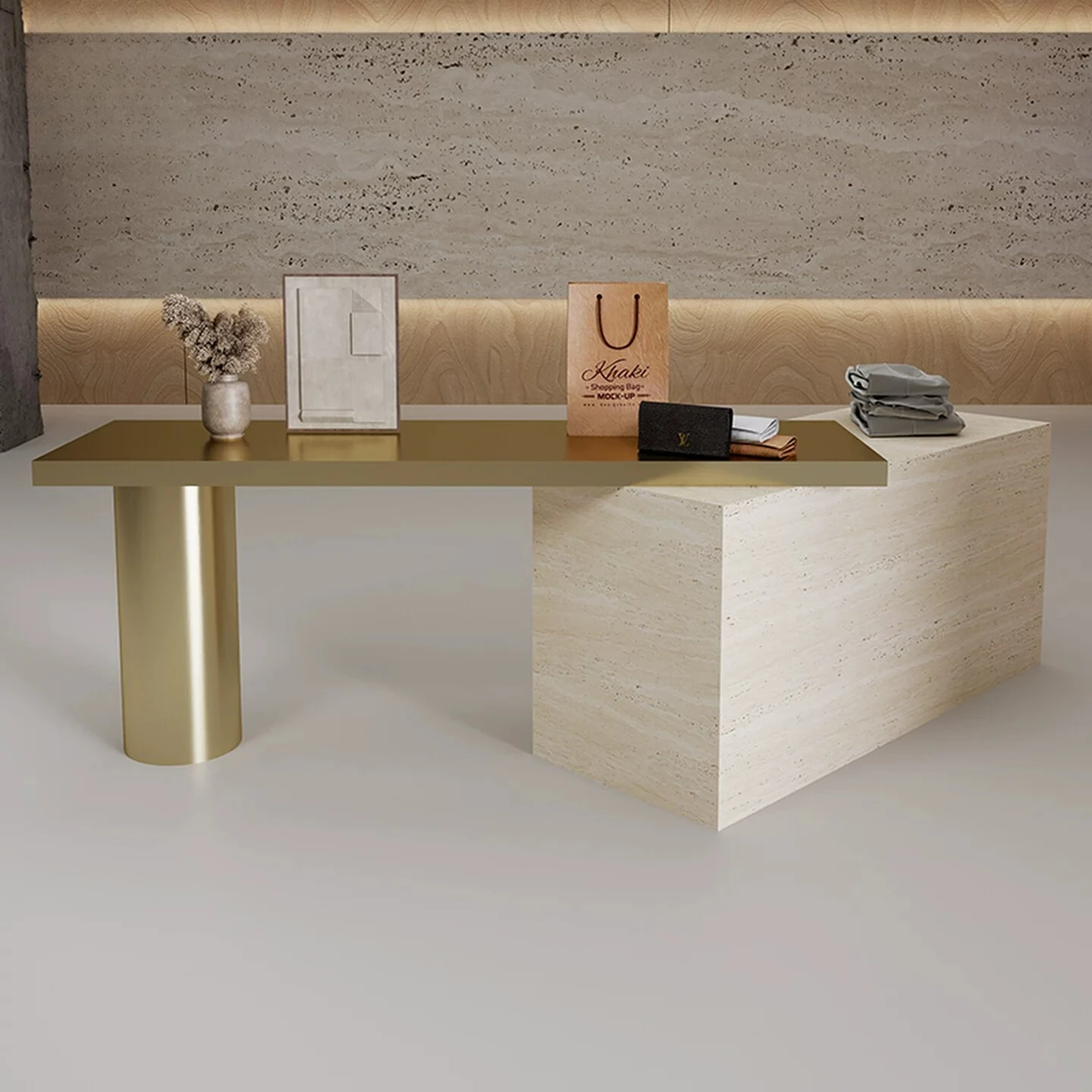 Clothing Store Roman Travertine Display Table Stainless Steel Nakajima Terrace Buyer's Store Storage Desk Boutique Product Displ