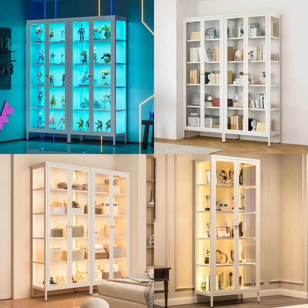 

5-Tier Glass Display Cabinet with LED Lights, 67 Tall Metal Curio Cabinet with Glass Door and Adjustable Shelves