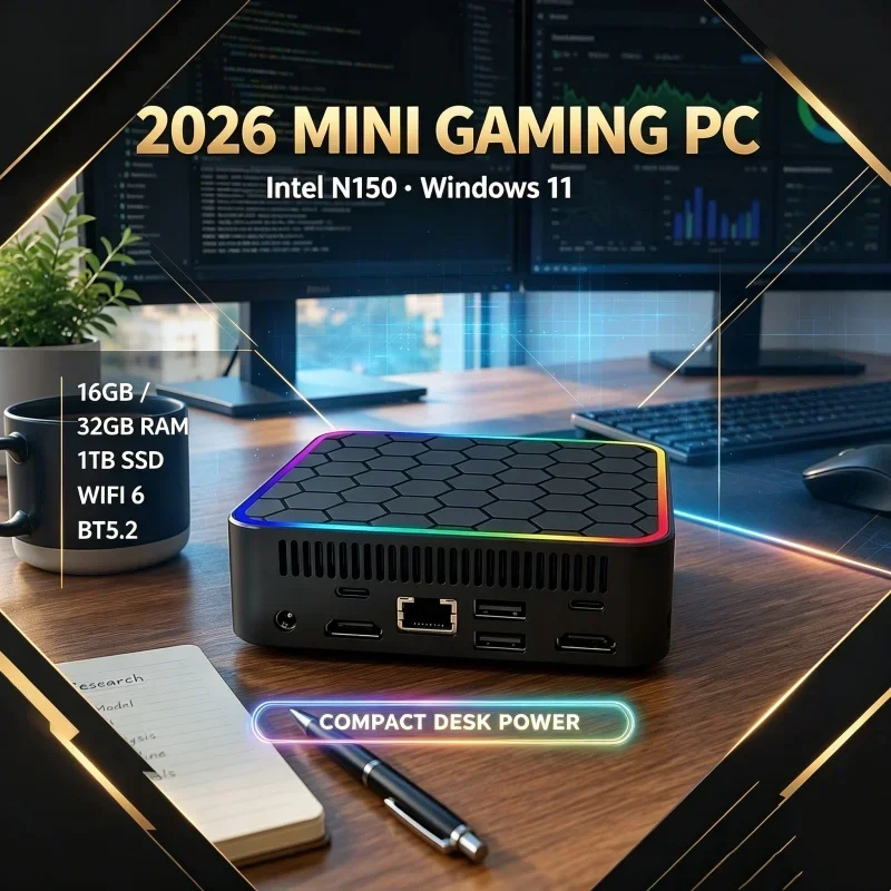 2026 Durable Core N150 MINI PC Windows 11 Smooth Touch Pocket Sized Console RAM 1TB SSD WIFI 6 BT5.2 4K HD Mini Verse