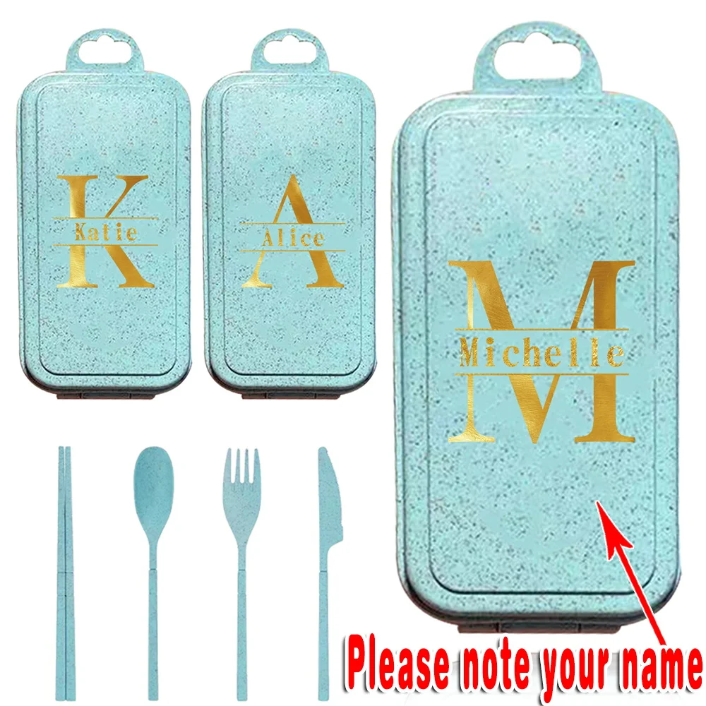 Customized Name 4PCS Sustainable Cutlery Set With Case WheatStraw Compact Portable Utensils Silverware Kit Picnic Fork Knife Box