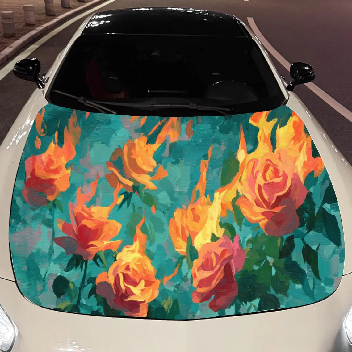 

Oil Painting Style: Burning Rose Car Hood Vinyl Stickers Car Surface Protection Decal Car Decoration Cover Vinyl Wraps Waterproo