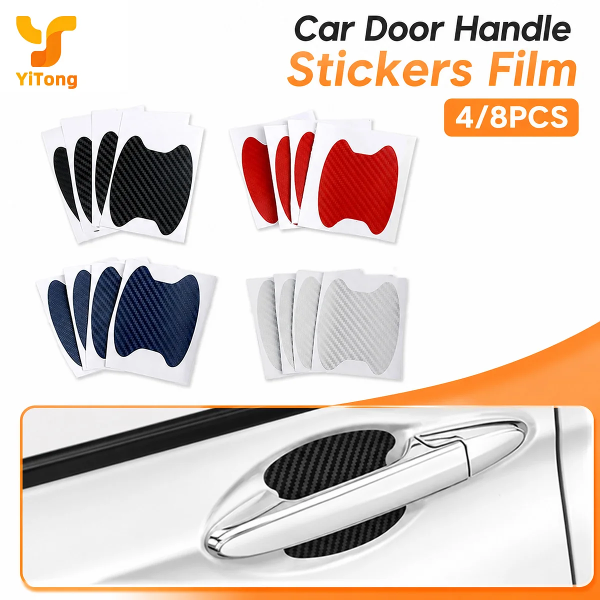Yitong 4/8PCS Carbon Fiber Look Car Door Handle Bowl Guard Anti‑Scratch Protector Sticker Decal for Vehicle Exterior Accessories