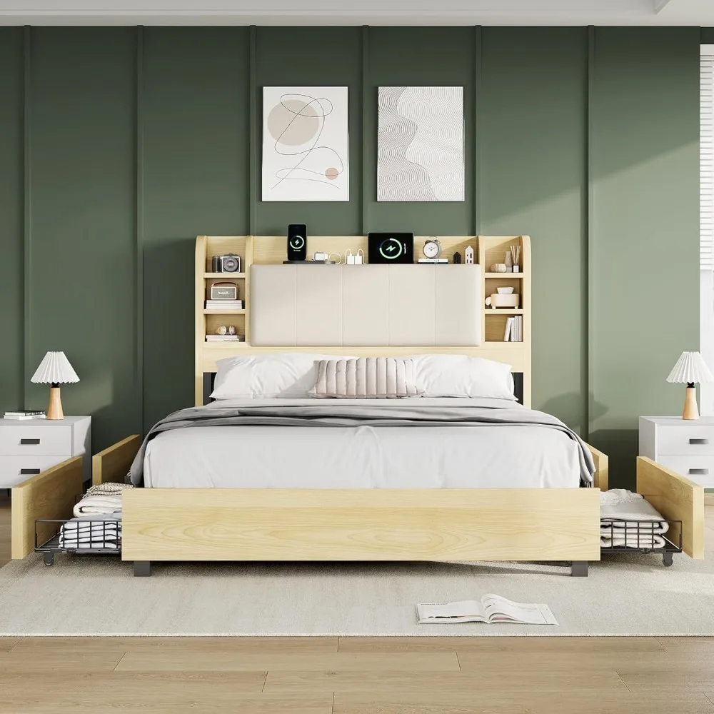 

Queen Size Bed Frame with 4 Storage Drawers, Upholstered Bed Frame with Headboard, Wooden Platform Bed with Charging Station