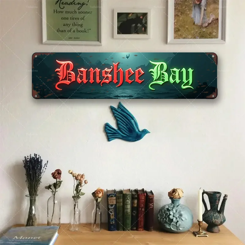 1pc Metal Sign, 4x16inch "Banshee Bay: Spooky Neon Sign for Haunted House Decor"