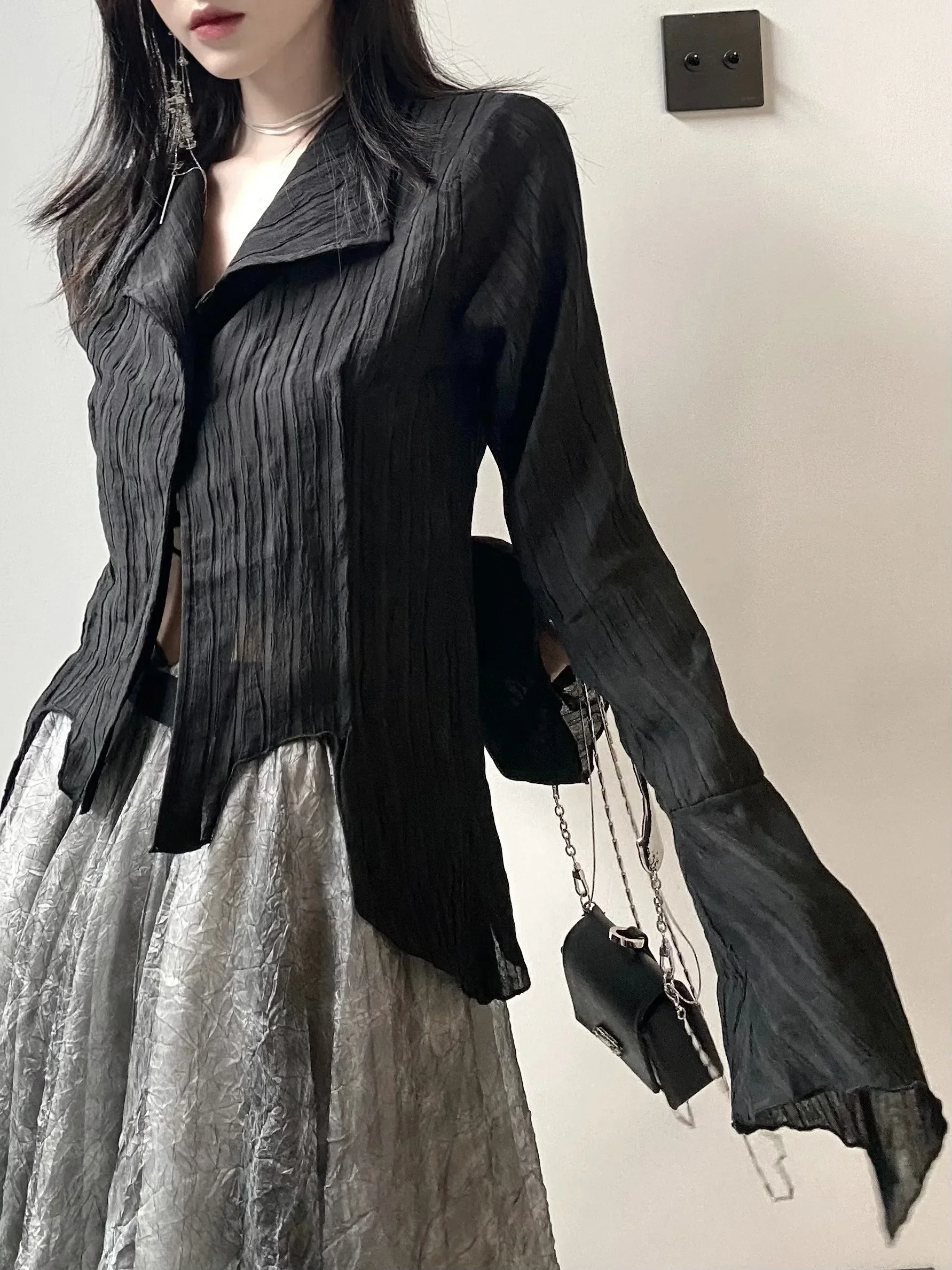 Yamamoto สไตล์สีดําเสื้อผู้หญิงแขนยาวไม่สม่ําเสมอเสื้อ Babes Retro Dark ความงามเสื้อผ้า Gothic Tops