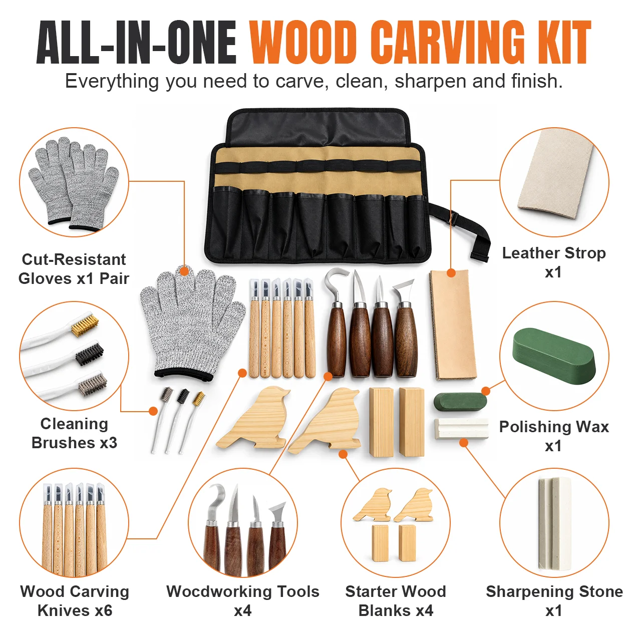 21Pcs Wood Carving Tools Set with Detail Wood Carving Knife Sharpener Chisel Knife Gloves DIY Craft Sculpting Peeling Hobby Gift