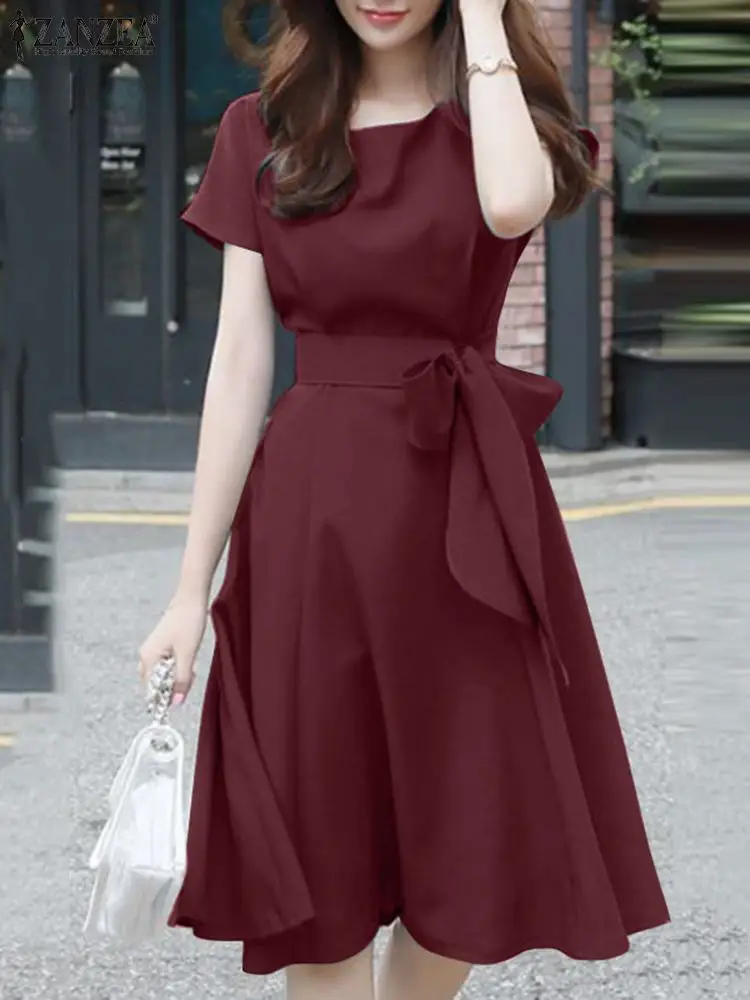 ZANZEA Summer Short Sleeve Dress Women Fashion Party Work Sundress Elegant Solid A-line Vestido Casual Knee-length Robe Femme