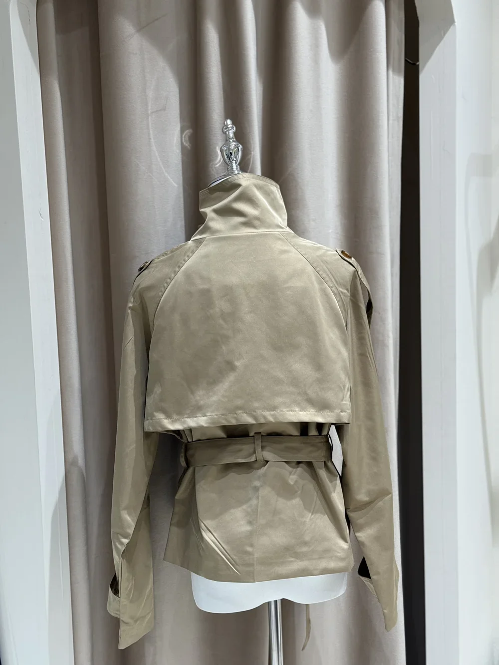 Belted Waist Cropped Trench Jackets Women Double Breasted Stand Collar Coats 2025 Autumn Chic Casual Vintage Jacket Women Cloth