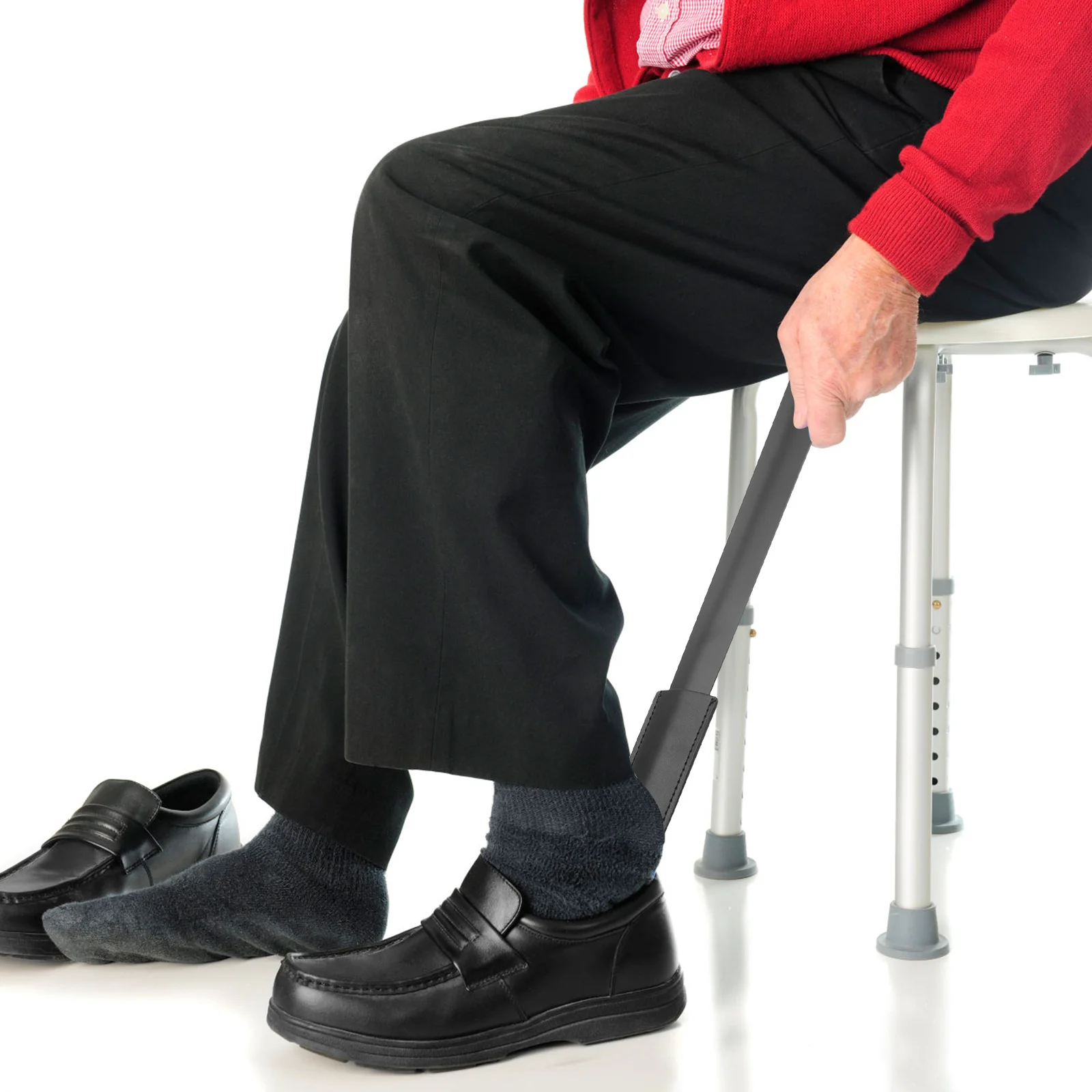 1 قطعة لبيسة الحذاء من الفولاذ المقاوم للصدأ بمقبض طويل أداة لبيسة الحذاء لكبار السن باللون الأسود المحمول أحذية معدنية رافع للاستخدام المنزلي والمكتب والسفر