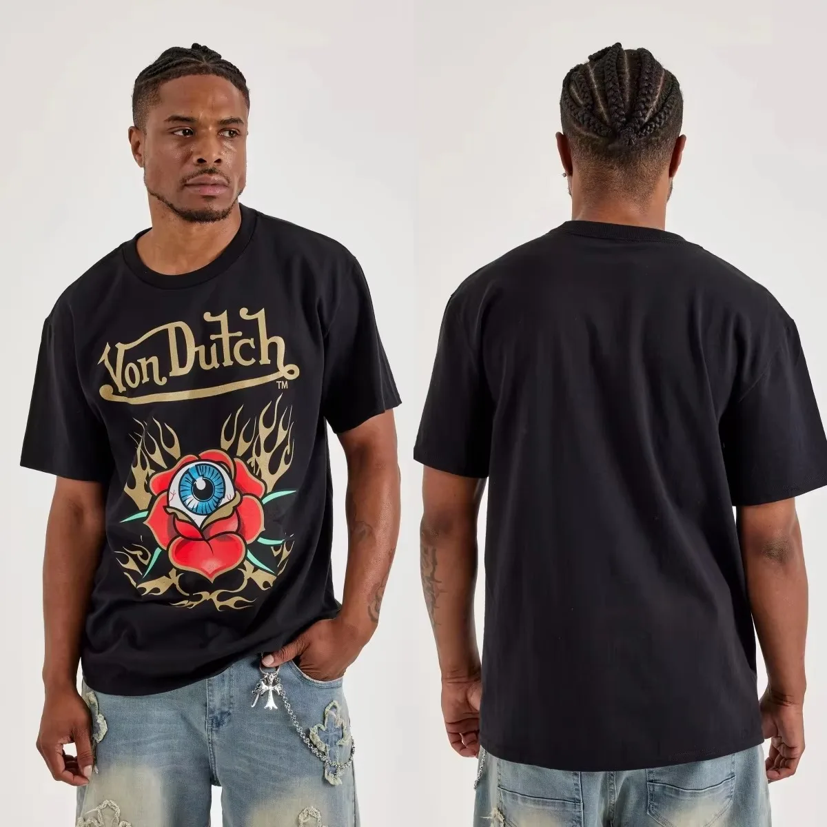 Von Flying Eye Flames Dutch Graphic T-Shirt Cotton Men Women Streetwear Tee