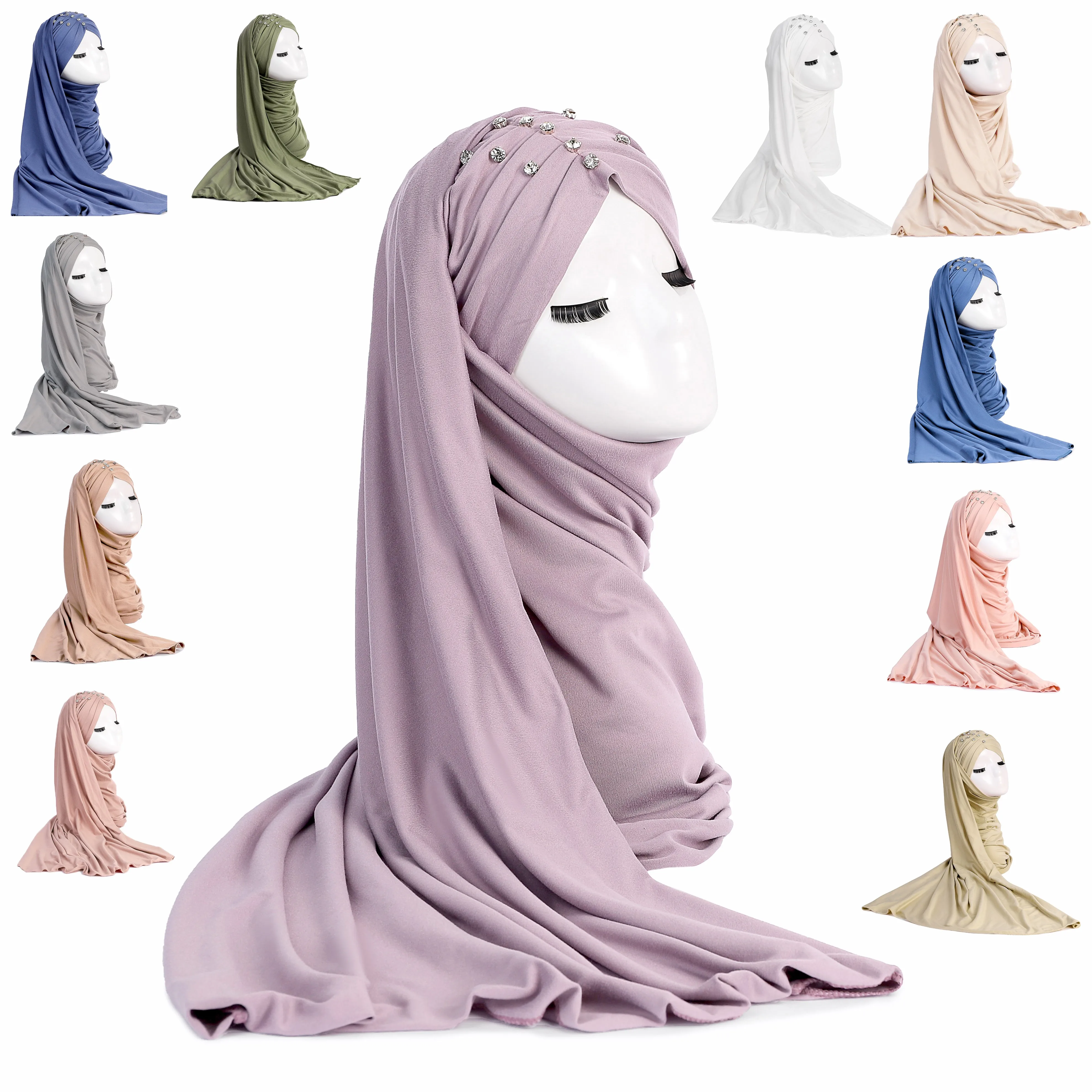 Muslim Women\'s Hijab Strapped Long Headscarf Pleated Solid Color Brushed Comfortable Studded Women\'s Shawl Middle Eastern Hijab