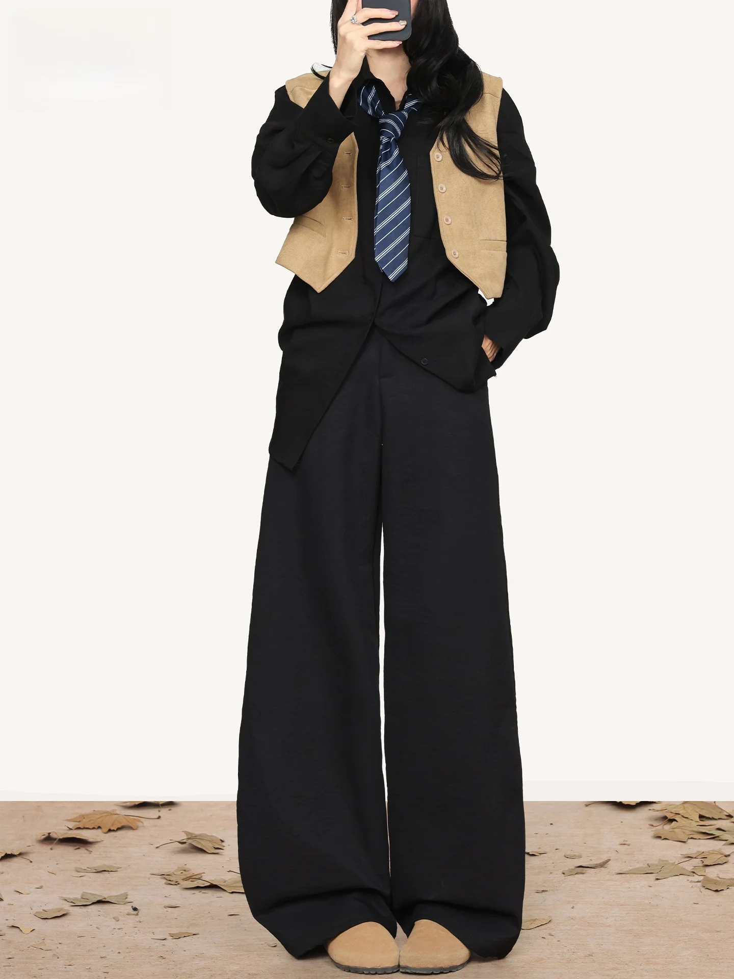 

Черные повседневные брюки с высокой талией и широкими штанинами, женские летние свободные брюки прямого кроя, утягивающие, в американском стиле