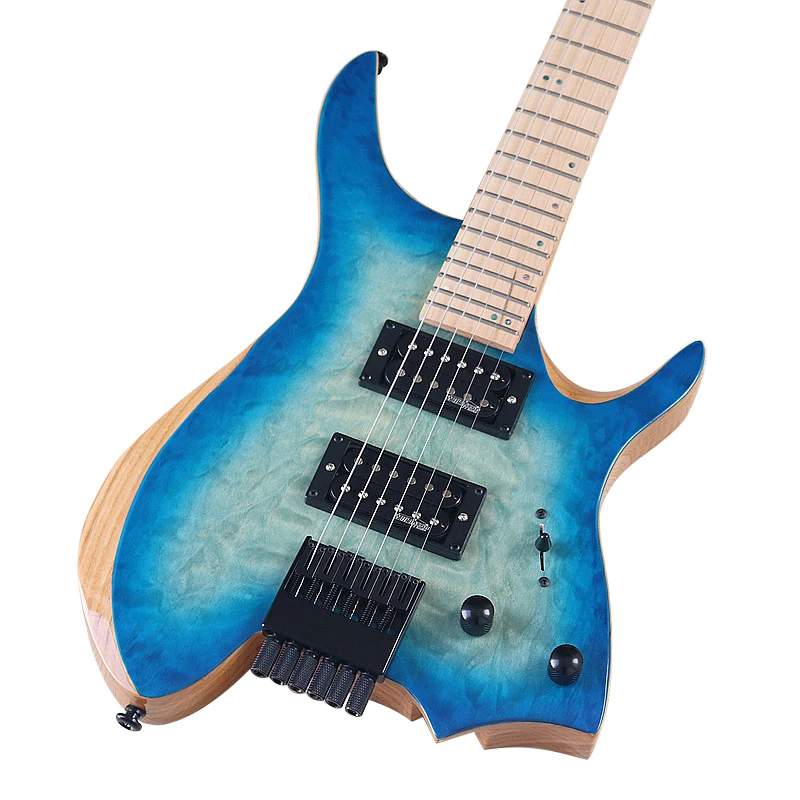 Flame Maple Top 6 Strings Headless Electric Guitar 30 Inch Headless Guitar High Glossy Guitarra Solid Okoume Wood