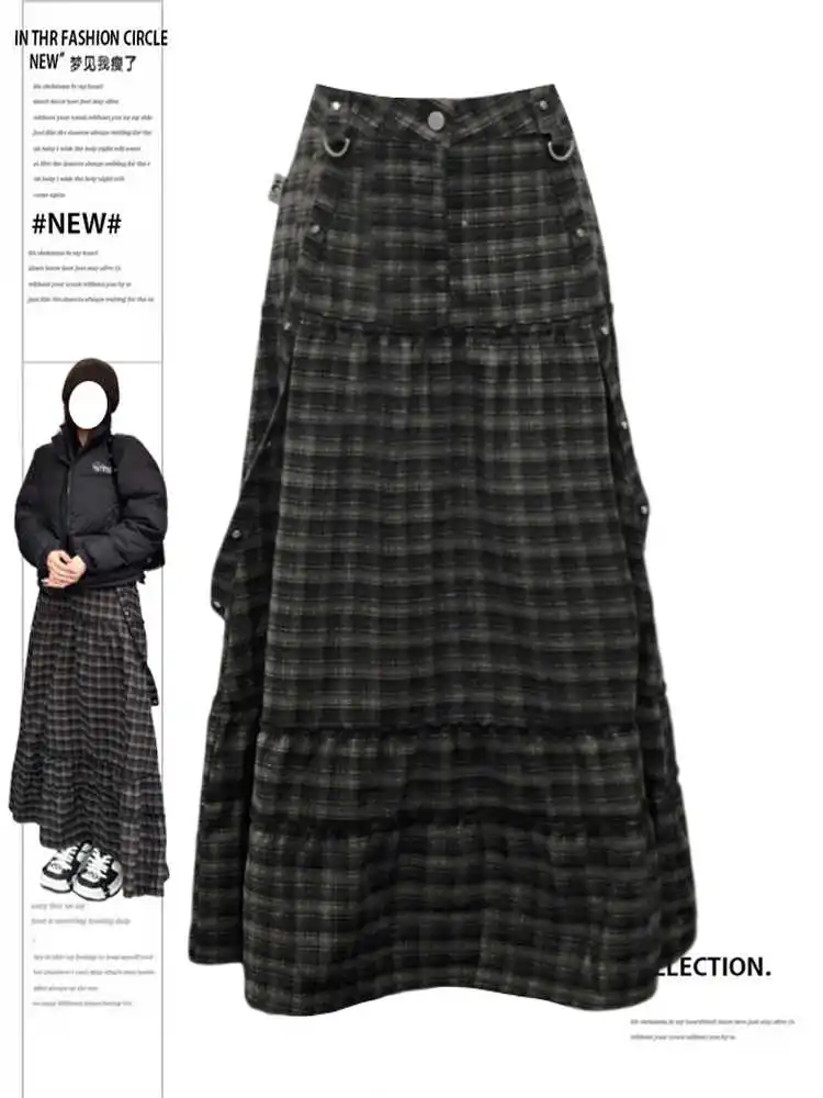 Kobiety Goblin Core 2000s Midi Plaid Cargo Skirt Cyber Punk Korean Y2k Grunge Harajuku Fashion E-girl Japanese Dark Academia Tide