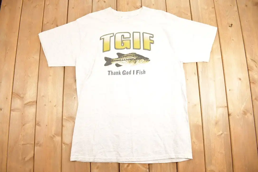 Vintage 1990s Thank God I Fish Graphic T-shirt / TGIF Parody /