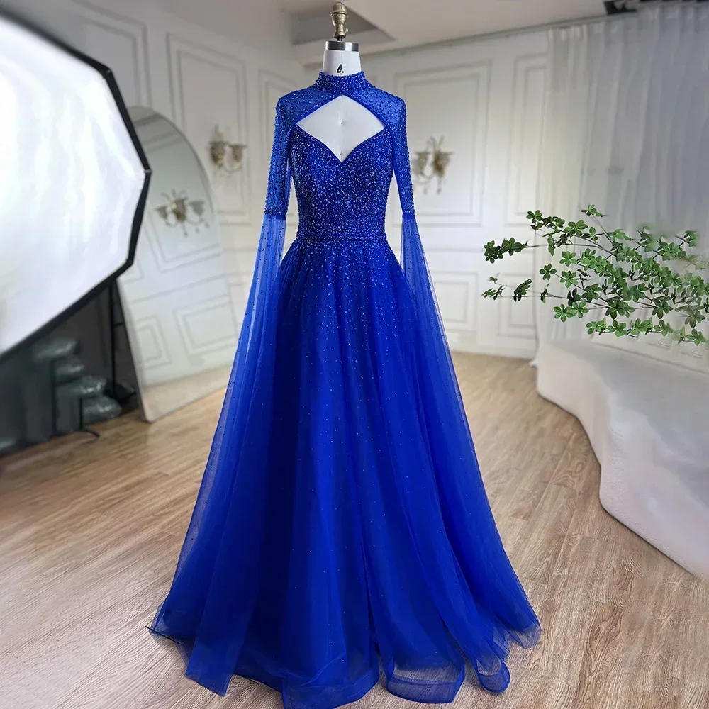 Fashion High Collar Evening Dresses with Cape Sleeves Luxury Sequined Beads A-Line Gowns Chic Women Prom Wedding Party Dresses