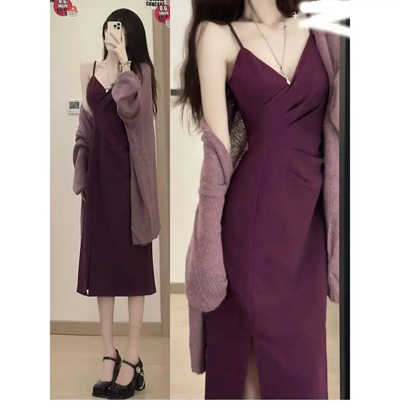 

Women's 2023 Spring Autumn New Fashion Elegant Soft Glutinous Sweater Medium Long Knitted Shirt Hanging Dress Two Piece Set