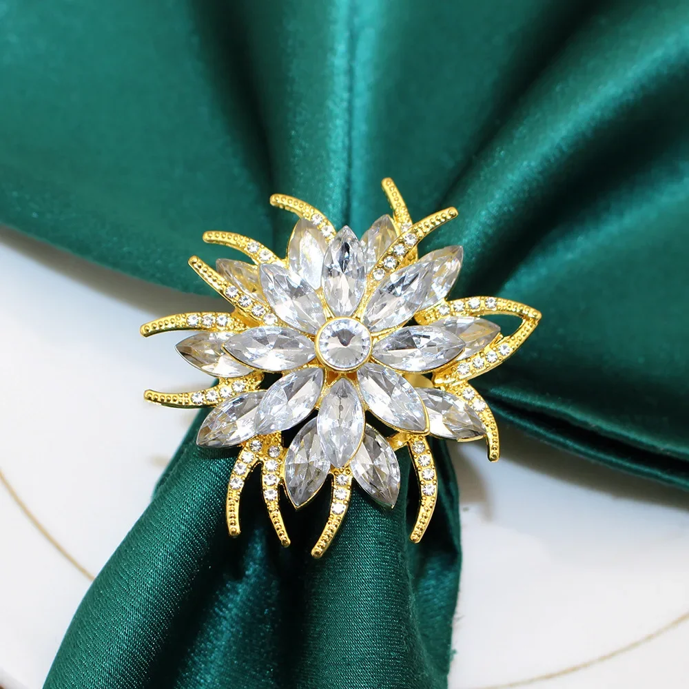 6Pcs Gold Lotus Napkin Rings Crystal Rhinestone Flower Napkins Holders for Wedding Christmas Party Home Kitchen Table Decoration
