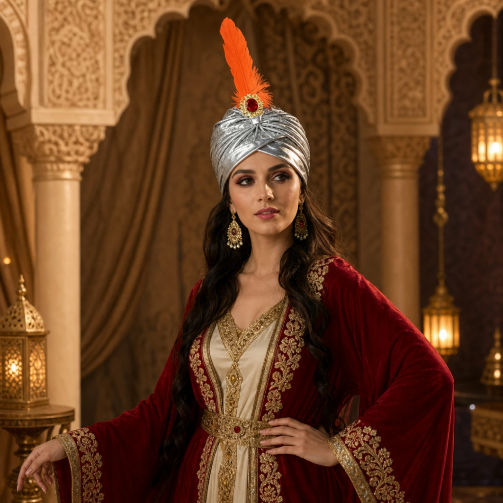 Turban with Feather Dramatic Costume Turban Headpiece Wrapped Headwear Secure for Cosplayers, Stage Shows, Dress-Up