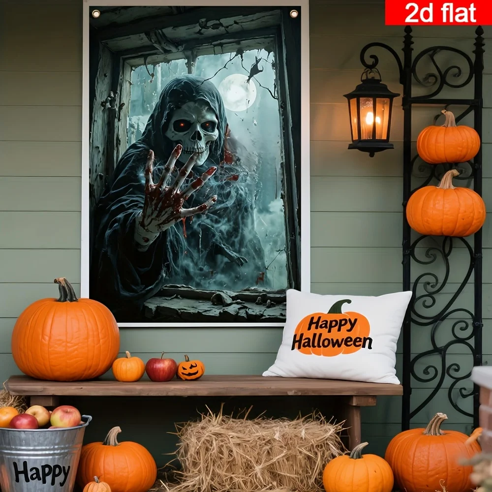 Halloween-Fensterparty-Banner, Geister-Puppe mit dunklem Umhang, Totenkopf-Gesichtsmuster, gebrochene Fensterszene, Horror-Szene