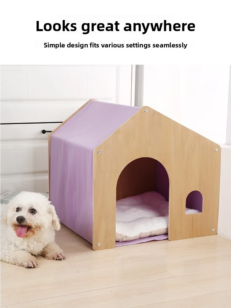 Pet Wooden House Dog Bed Tent Integrated Villa  Shelter Indoor Home Real Wood Dog House  Cottage Comfortable Soft PP Co...
