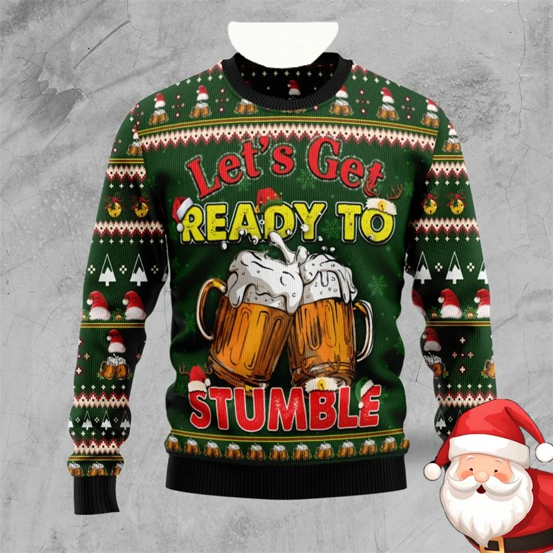 Beer Lover Ugly Christmas Sweater for Men 3D Printing Beer Sweatshirt Merry Christmas Pullovers 25-26 New Year Round Neck Hoodie