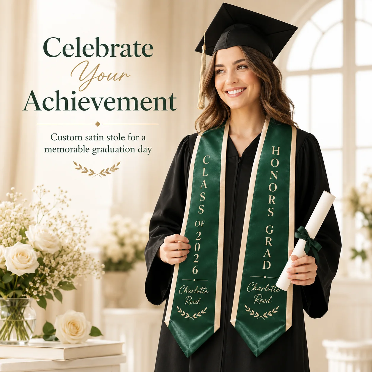 Custom Printed Graduation Stole Satin Sash Personalized Honor Scarf  for Bachelor Gown Ceremony Students Party Decor