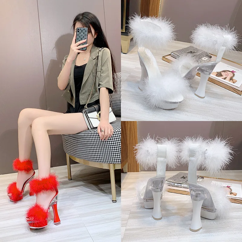 Black Platform Sandals Block Heels Suit Female Beige 2024 Summer Shoes Large Size Espadrilles Chunky Nude Comfort Sexy Fur Plast