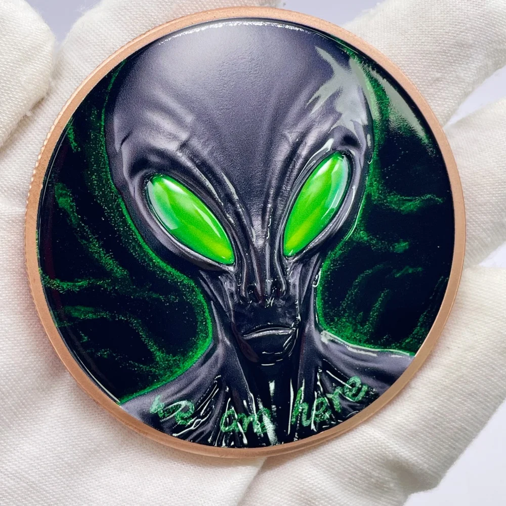 5OZ .999 Copper Coin Alien UFO We Are Here Color Enamel Embossed Challenge Coin Extraterrestrial Space Commemorative Collectible