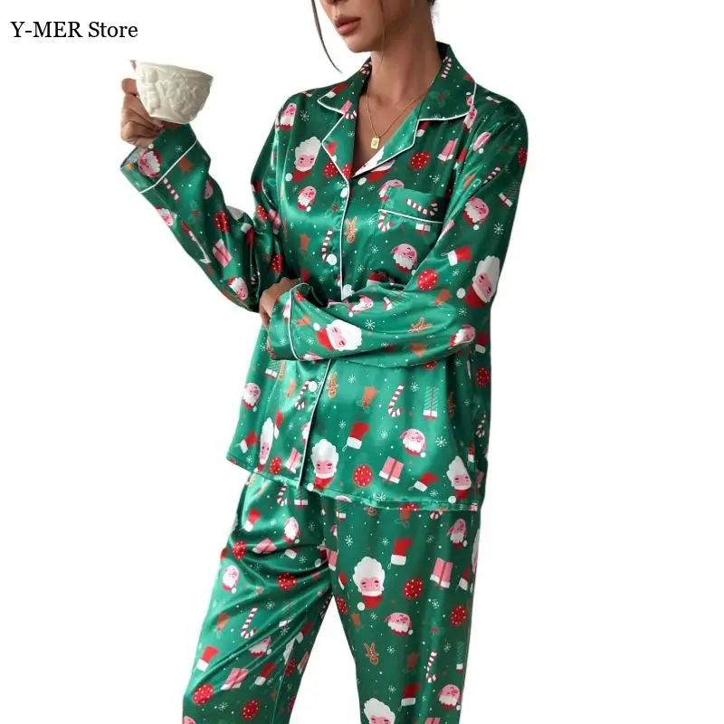 2025 Autunno Nuovo Pigiama Vestito Delle Donne di Stampa Elementi Di Natale Degli Indumenti Da Notte Camicia Allentata Pantaloni 2 Pigiama di Seta del Ghiaccio Femme Loungewear