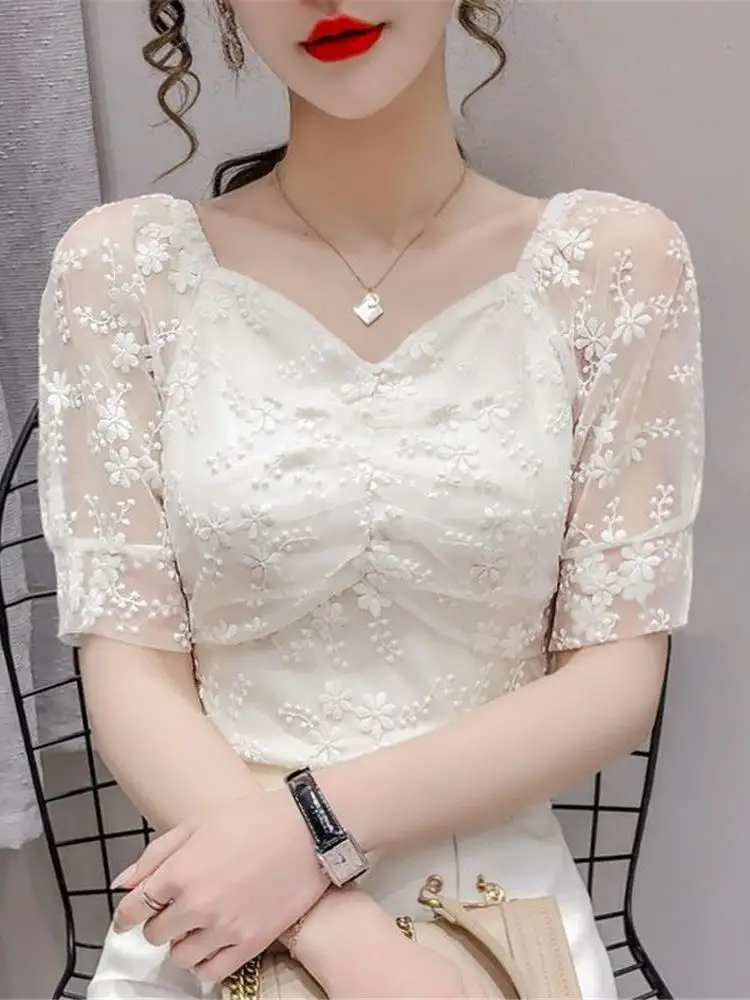 

Embroidered Lace Shirt Women's Summer New Slim Short Mesh Bubble Sleeve One Shoulder Fashion Short Sleeve Chiffon Top
