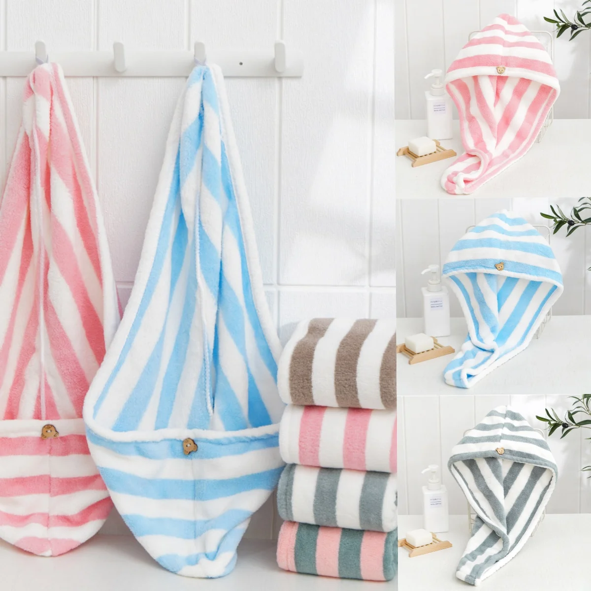 1Pc Striped Hair Towel For Women Girls Quick-Drying Absorbent Coral Fleece Shower Cap Microfiber Hair Towels Bathroom Essentials