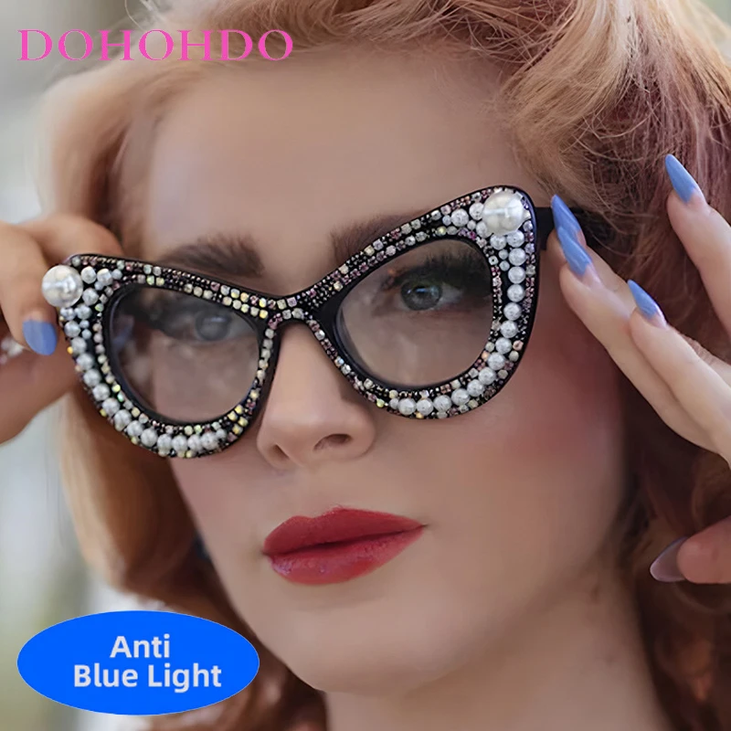 

Luxury Pearl Rhinestone Decorate Cat Eye Women's Eyewear Designer Brand Anti-Blue Light Play Game Optical Female Fashion Glasses