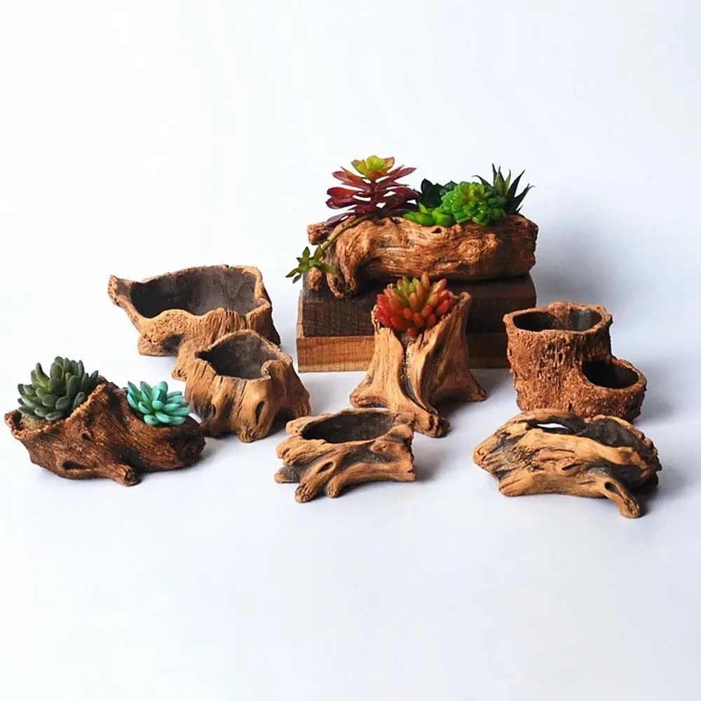 Rustic Stump Log Imitation Wooden Flower Pot Irregular Tree Stump Shape Home Decoration Imitation Wood Flowerpot Wood Grain