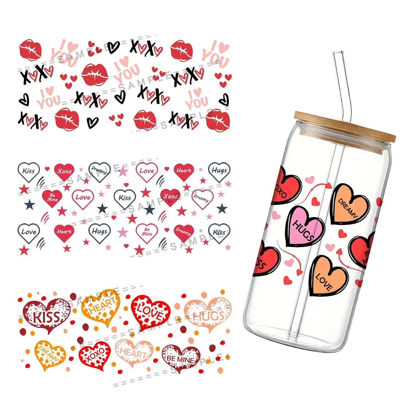 

Valentine's Day For Libbey 16oz Can Glass UV DTF Colorful Hearts Coffee Can Wrap Libbey Glass Wrap