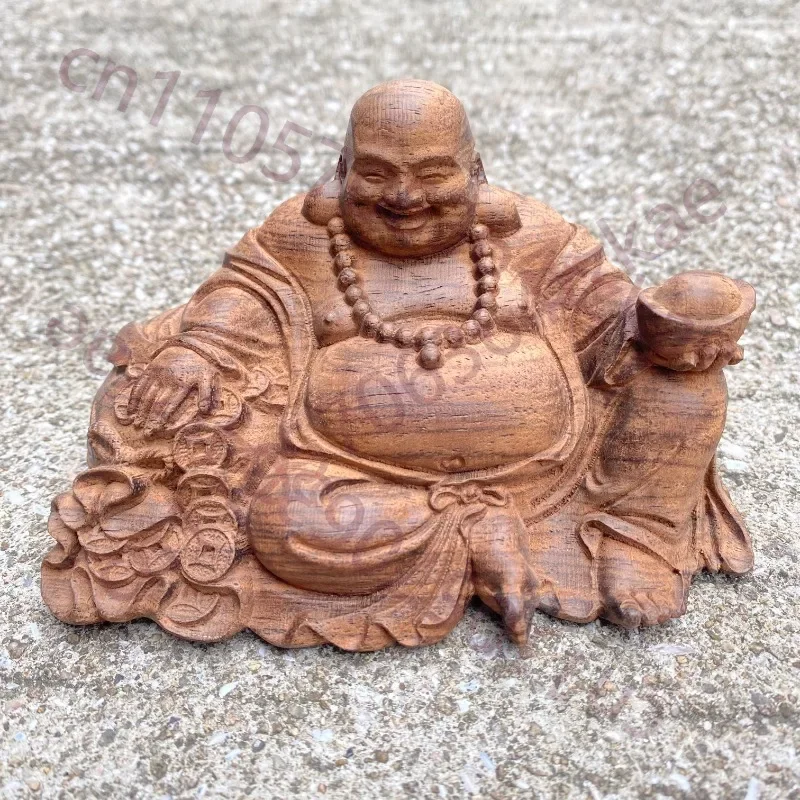 Natural Wood Laughing Buddha Statue for Home Office Decor, Lucky Money God Maitreya Sculpture Figurine Table Ornament Gift