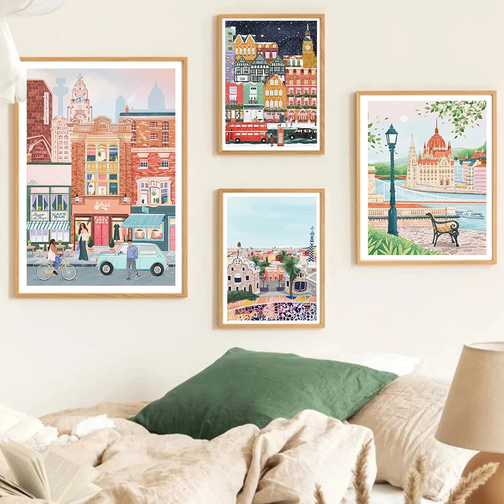 Watercolor Famous City Tourism Budapest Positano Seoul Tokyo Cartoon Landscape Poster Canvas Painting Wall Pictures Home Decor