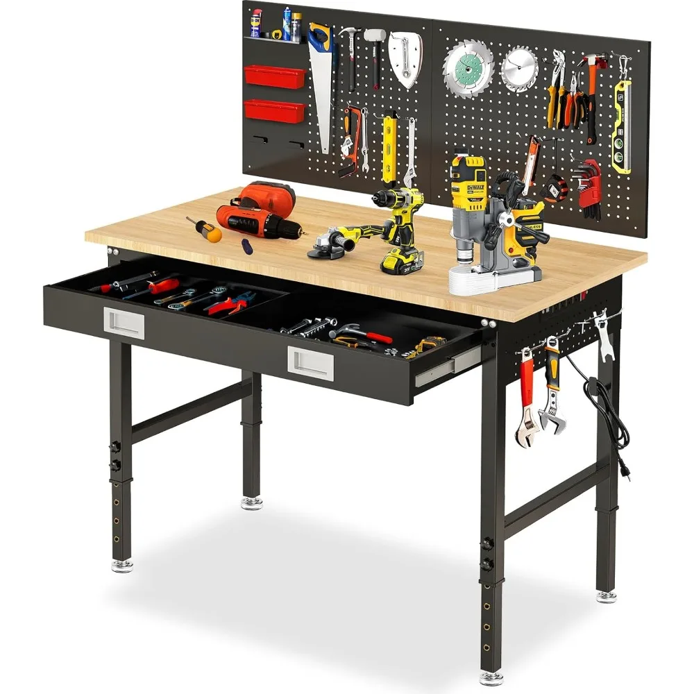 

48" Workbench with Drawers, Adjustable Height Work Bench 2000 LBS Heavy-Duty Work Table Rubber Wood Work Station with Power