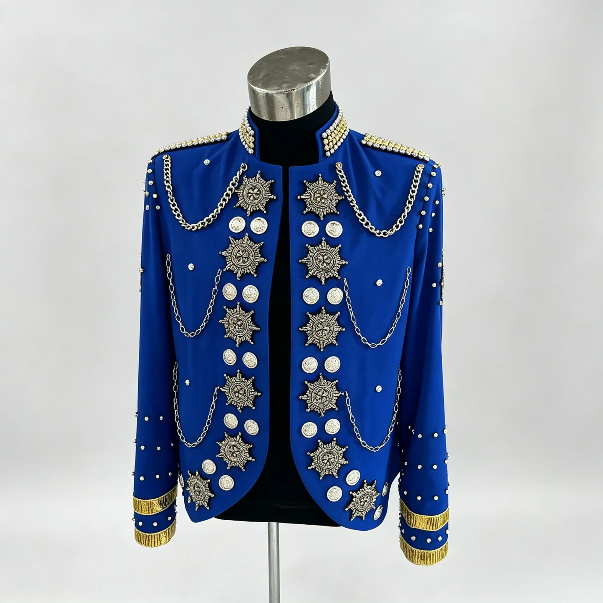 Men Royal Blue Military Style Jacket Gold Chain Badge Beading Stand Collar Stage Performance Coat Singer Show Costume