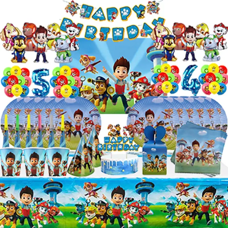 Decoración de cumpleaños de la patrulla canina para niños, globos temáticos, juego de vajilla para fiesta de cumpleaños, vasos, platos, suministros