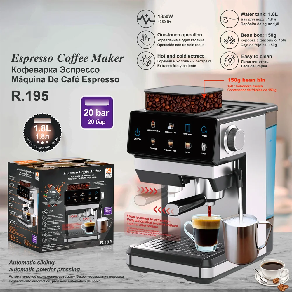 for All-in-one Espresso Machine With Built-in Grinder 20Bar Coffee Maker Touch Control Latte Cappuccino Coffee Machine for  Home