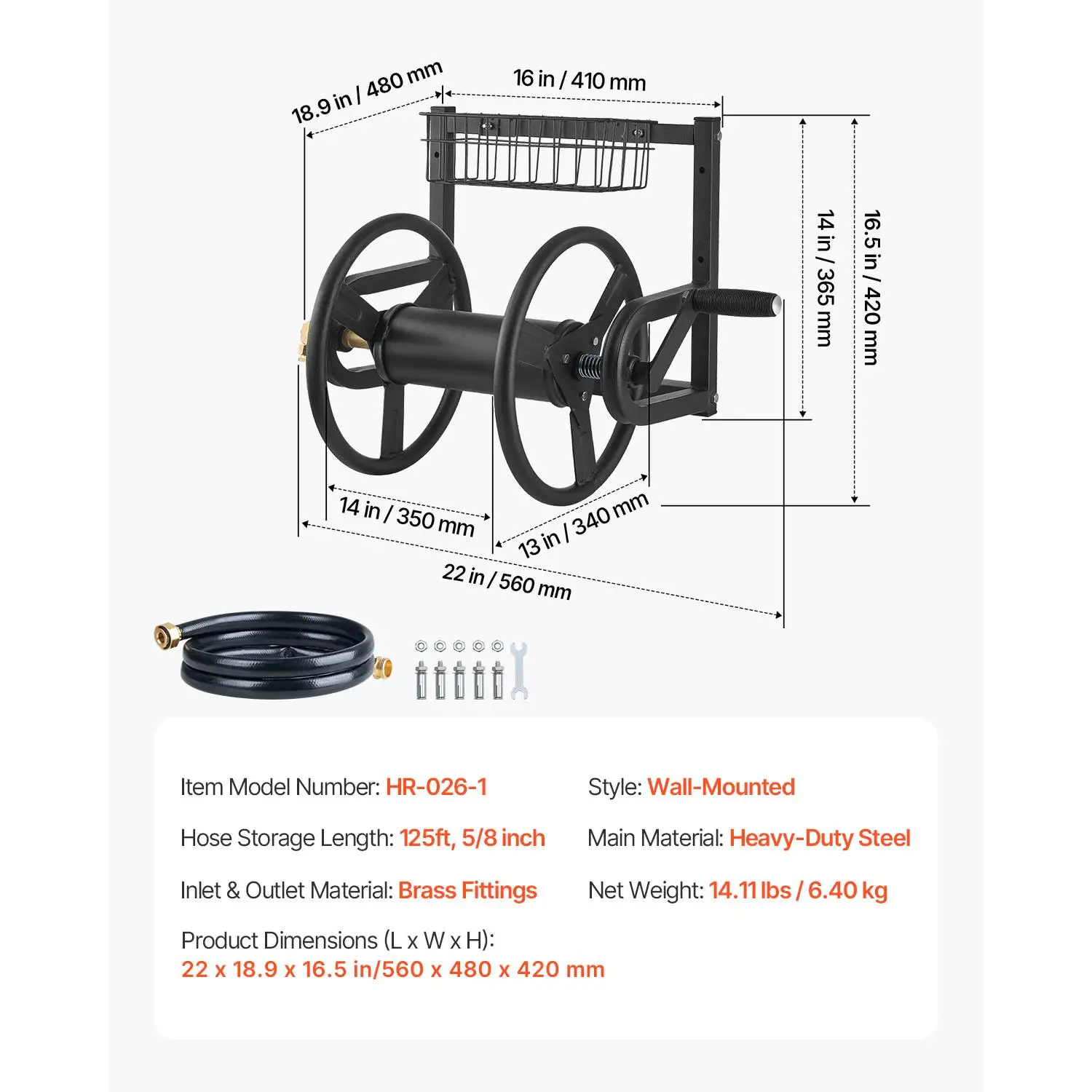 Wall Mounted Garden Hose Reel 125 FT 5 8 Inch Heavy Duty Manual Water Hose Winder with Brass Fitting and Storage Basket for yard Lawn