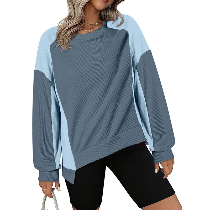 Autumn Winter Female New Sporty Sweatshirts Color Blocking Long Sleeve Irregular O-neck Pullovers Fashion Patchwork Elegant Tops