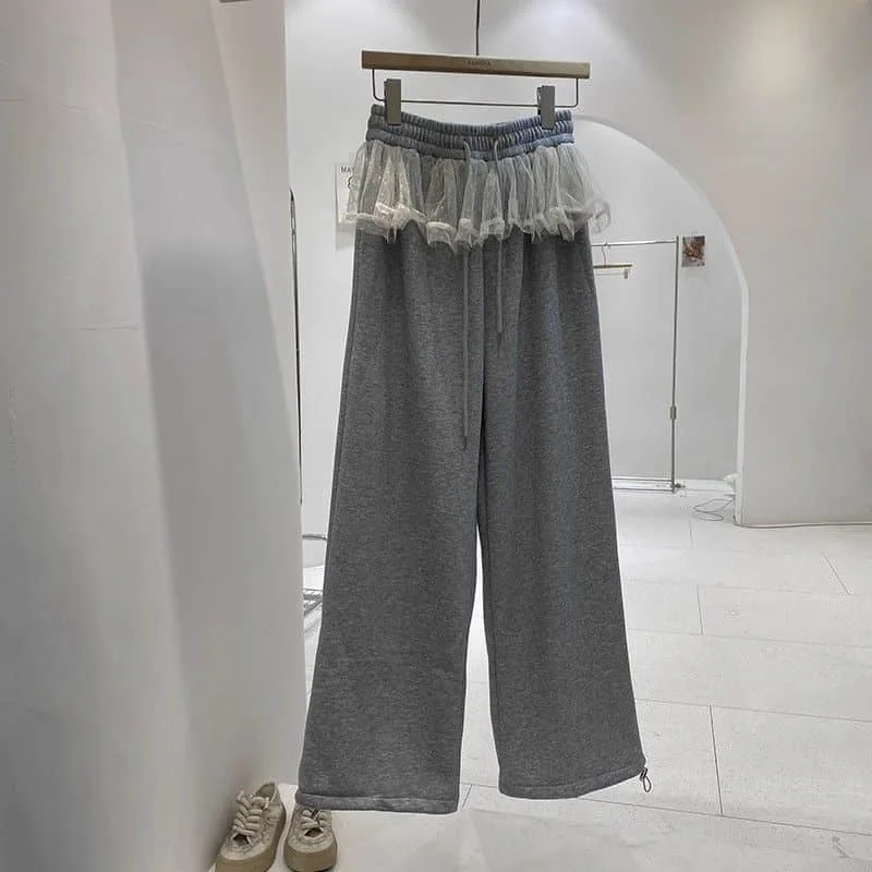 

Solid Wide Leg Pants for Women Lace Patchwork Baggy Pants Korean Style Casual Elastic Waisted Straight Pants Streetwear Clothing